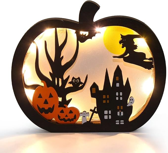 FOIMAS Halloween Wooden Table Sign,Light Up Pumpkin Table Centerpiece Topper for Halloween Table ... | Amazon (US)