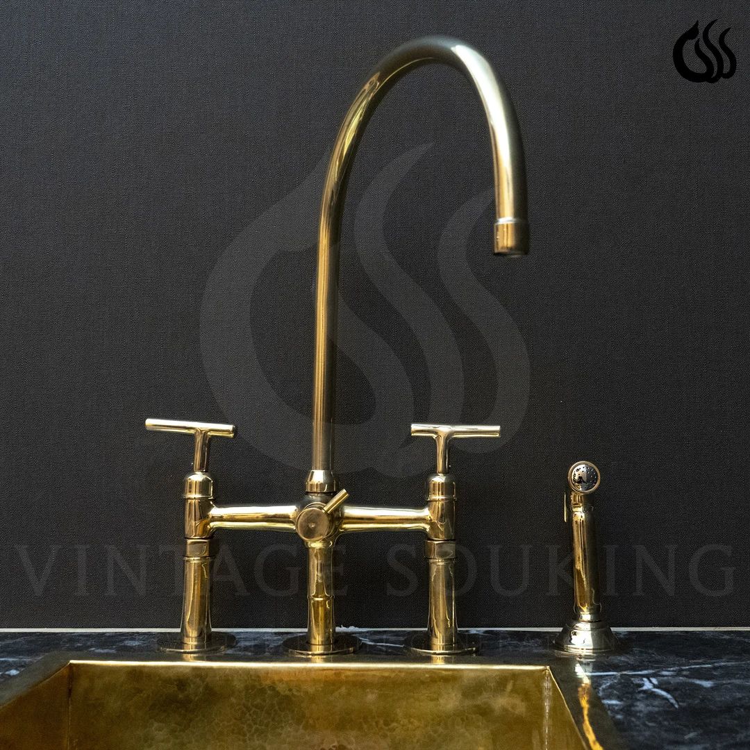Unlacquered Brass 3 Holes Kitchen Bridge Faucet With Straight - Etsy | Etsy (US)
