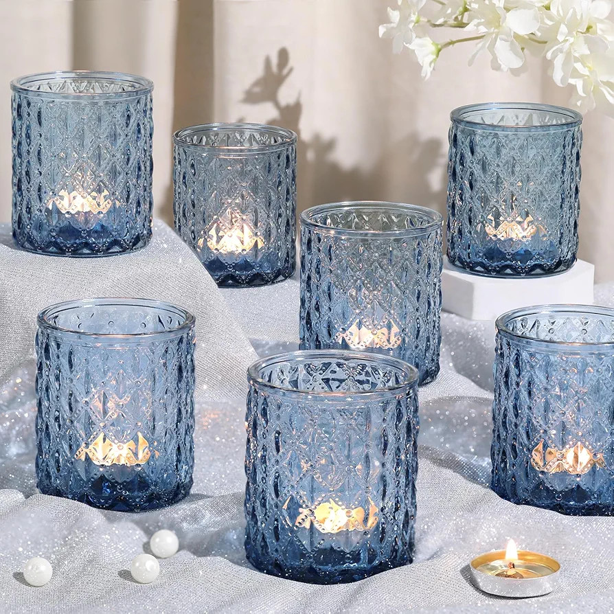 8Pcs Large Votive Candle Holders Blue Tea Light Candle Holders Glass Candle Holder for Wedding, B... | Amazon (US)