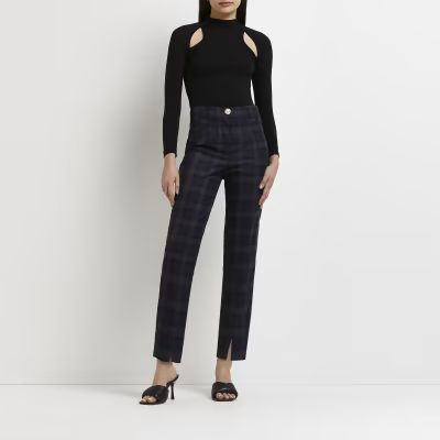 Navy check print split front trousers | River Island (UK & IE)