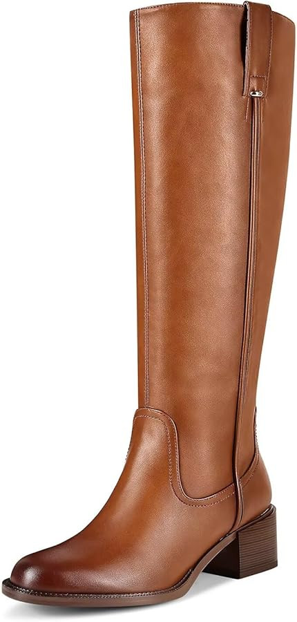 Amazon.com | ITOZER Knee High Boots For Women Chunky Heel Round Toe Leather Patent Boots Low Bloc... | Amazon (US)
