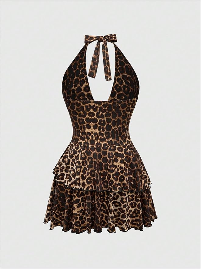 SOLY HUX Women's Leopard Print Halter Dress Y2k Gothic Deep V Neck Layered Ruffle Mini Dresses | Amazon (US)