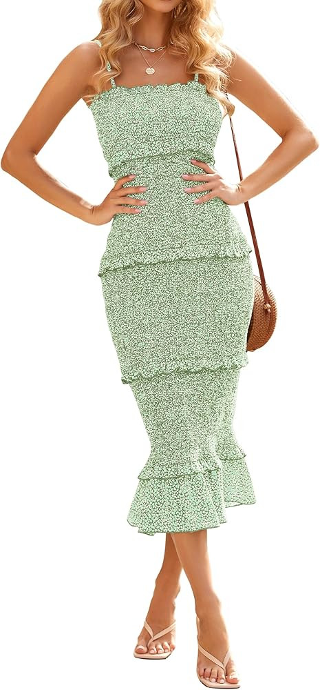 dowerme Women Summer Casual Floral Midi Smocked Bodycon Dresses Spaghetti Strap Square Neck Ruffl... | Amazon (US)