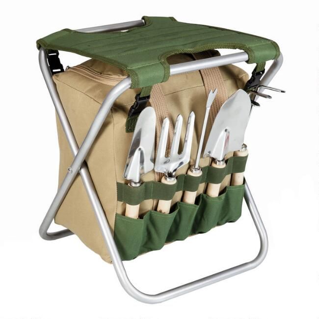 Picnic Time Beige and Green Folding Garden Stool with Tools | World Market