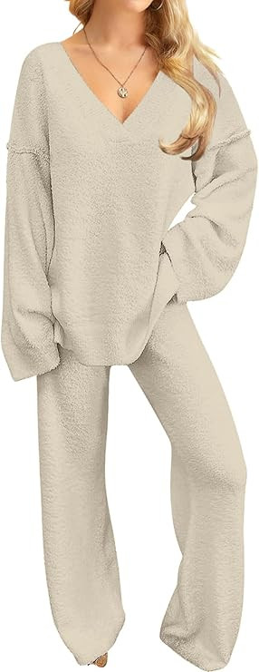 NORACORA Womens 2 Piece Fuzzy Fleece Lounge Sets Long Sleeve V Neck Pajama Set Fluffy Pjs Matchin... | Amazon (US)