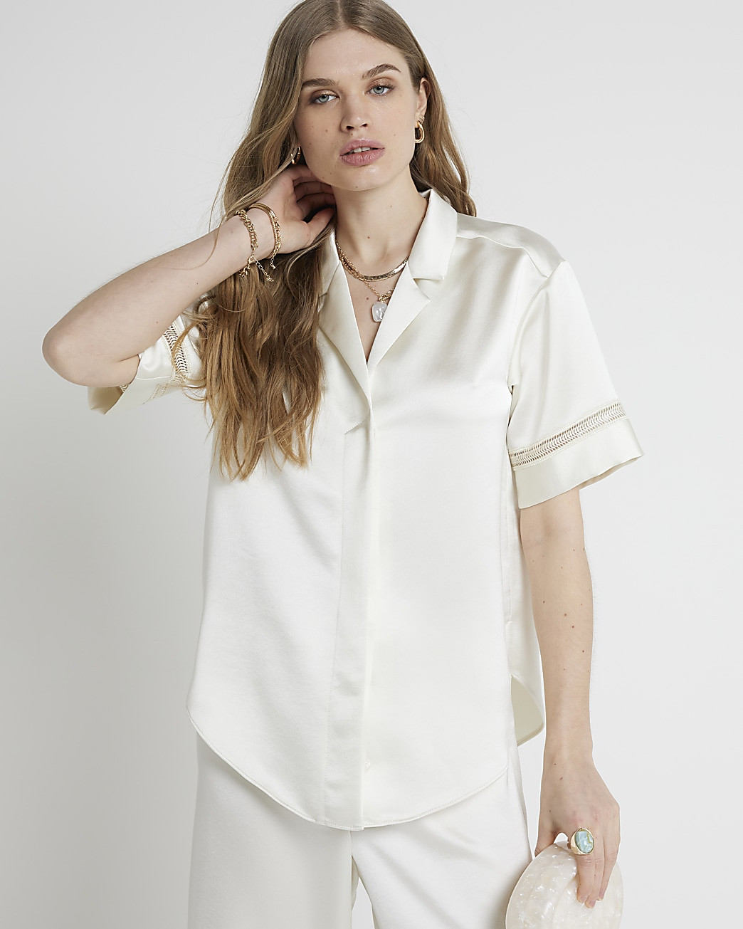 RI Studio Cream ladder stitch shirt | River Island (UK & IE)
