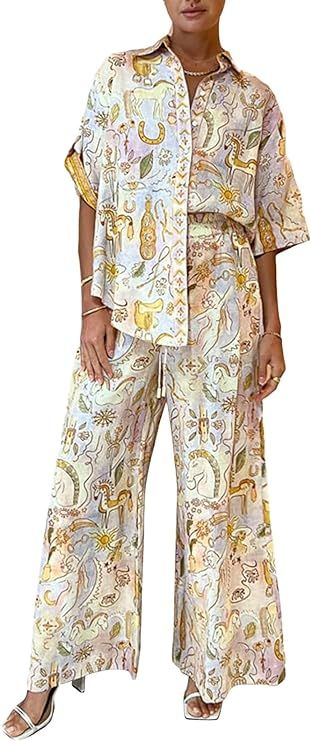 Creaion Y2k Two Piece Pj Lounge Set Long Sleeve Floral Fruit Print Shirt Pajamas Wide Leg Pants M... | Amazon (US)