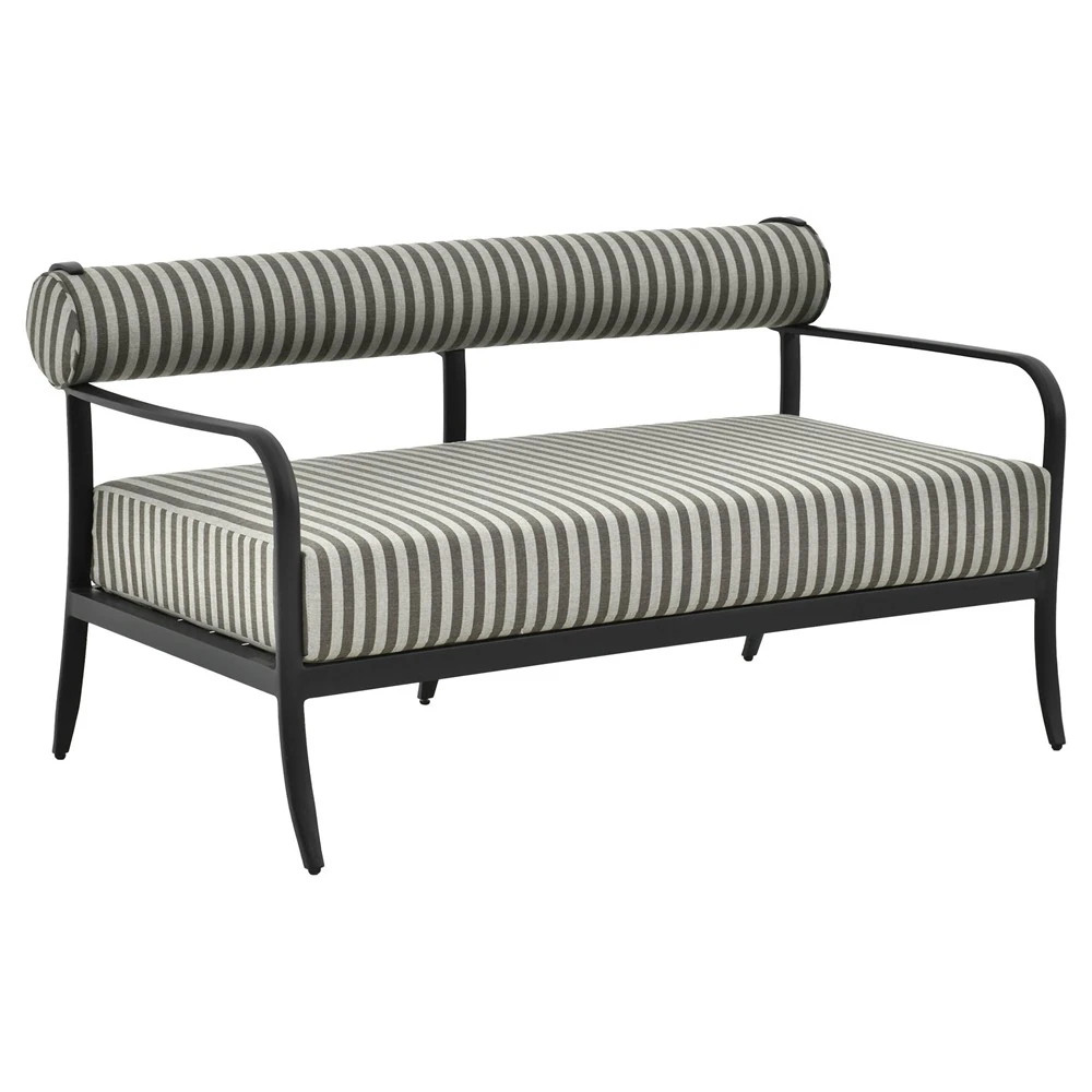 Madelle Modern Grey Striped Sunbrella Black Aluminum Outdoor Loveseat - 57" | Kathy Kuo Home