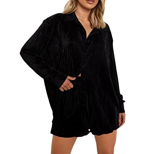 NUFIWI Women 2 Piece Pleated Pants Set Long Sleeve Button Down Shirt Blouse Top Wide Leg Pants Outfits Y2K Fashion Streetwear(Ruffle Black,Large) | Amazon (US)