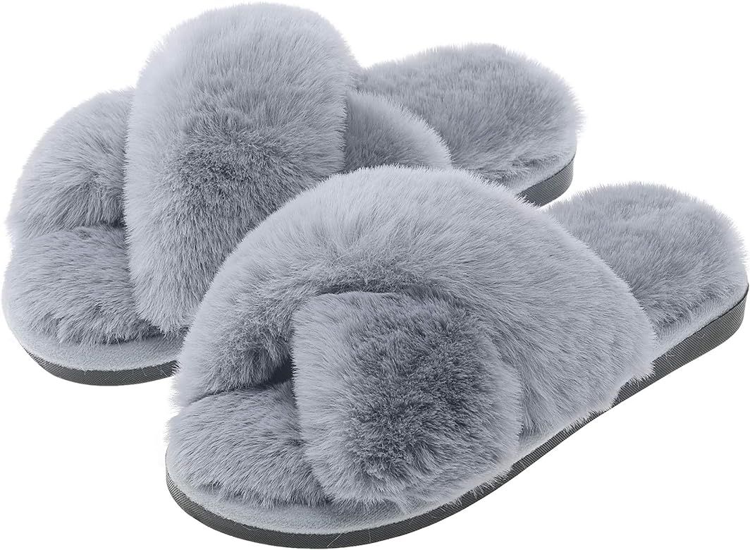 Women's fuzzy slippers, Slippers for Women Fluffy Furry Fur House Shoes, plush Sandal house slippers | Amazon (US)