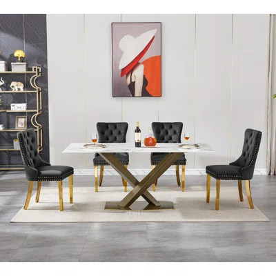 Faux Marble Dining Table Set, Marble Dining Table Set with Tufted Dining Chairs, 70 in Rectangle Large Kitchen Dining Room Table Set with Bronze Carbo | Wayfair North America