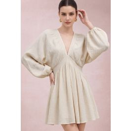 V-Neck Bubble Sleeve Embossed Cotton Mini Dress in Cream for Vacation & Casual Outing | Chicwish