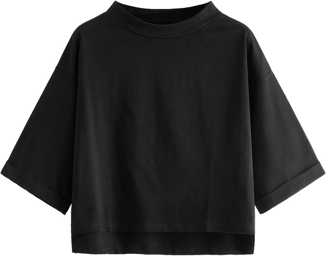 SweatyRocks Women's 3/4 Sleeve Mock Neck Basic Loose T-Shirt Elegant Top | Amazon (US)