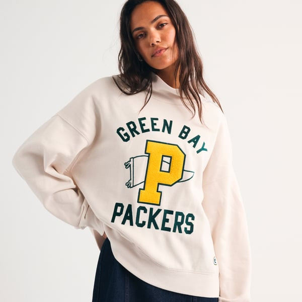 Green Bay Packers Abercrombie & Fitch Women's Sunday Oversized Funnel Neck Sweatshirt - Cream | Fanatics