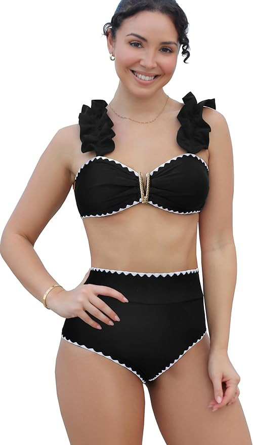 SPORLIKE Women High Waisted Swimsuit Flounce Straps Bikini Bathing Suit | Amazon (US)