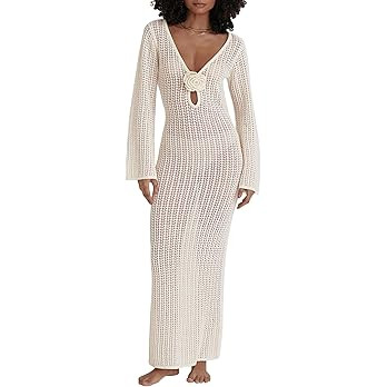 Leoparts Women's Knitted Swimsuit Cover Up 3D Floral Hollow Out Open Back Tie-Up Maxi Dress Beach... | Amazon (US)