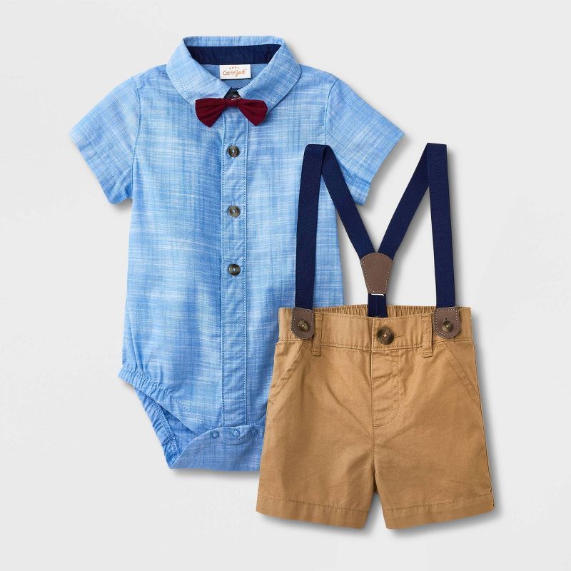 Baby Boys' 'Little Man' Chambray Shorts Suspender Set with Bowtie - Cat & Jack™ Light Blue | Target