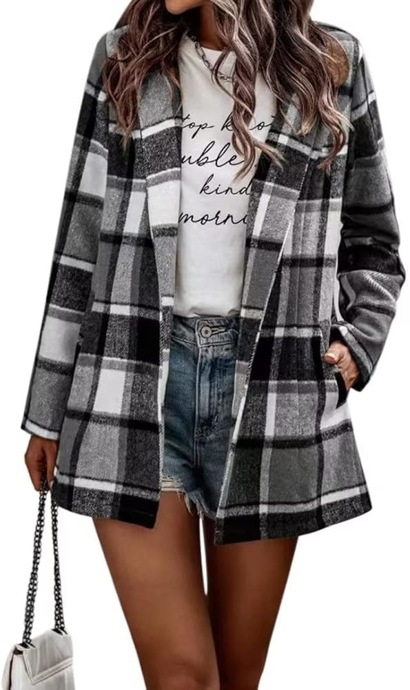 EGUGYDW Women's Plaid Print Cardigan Long Sleeve Flannel Pockets Shacket Jacket Coat | Amazon (US)