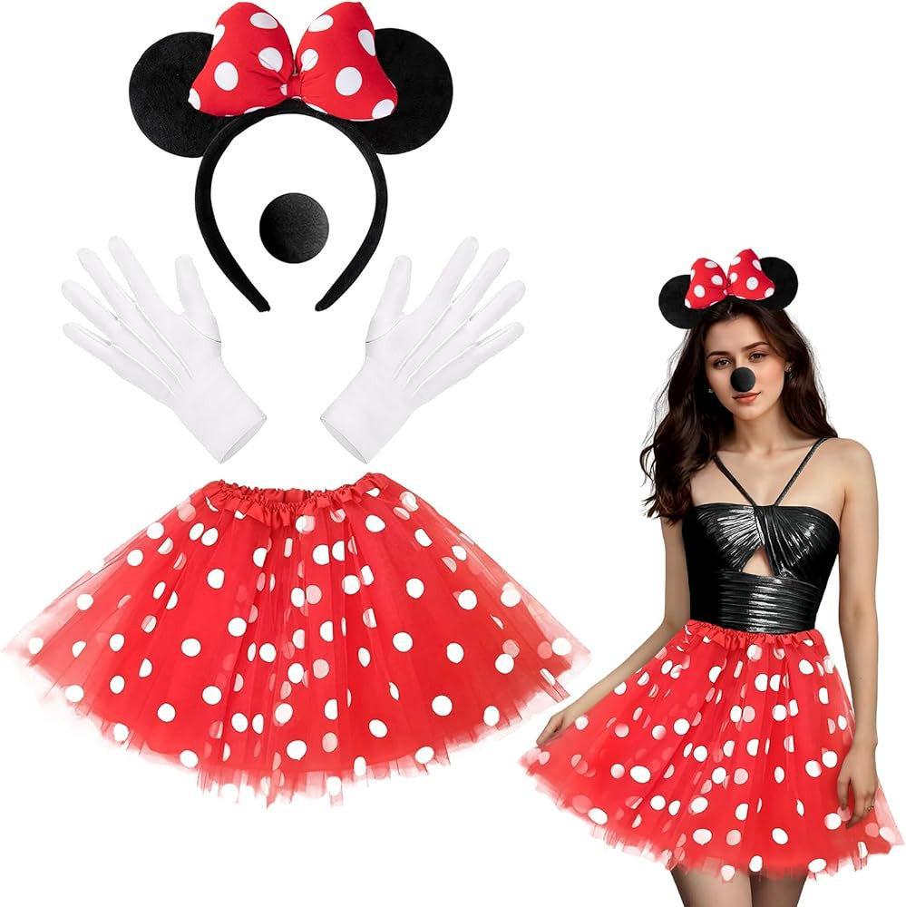 4PCS Mouse Costume Accessories, Ear Headband 4 Layers Red Polka Dot Tutu Women Mouse Costume Adul... | Amazon (US)