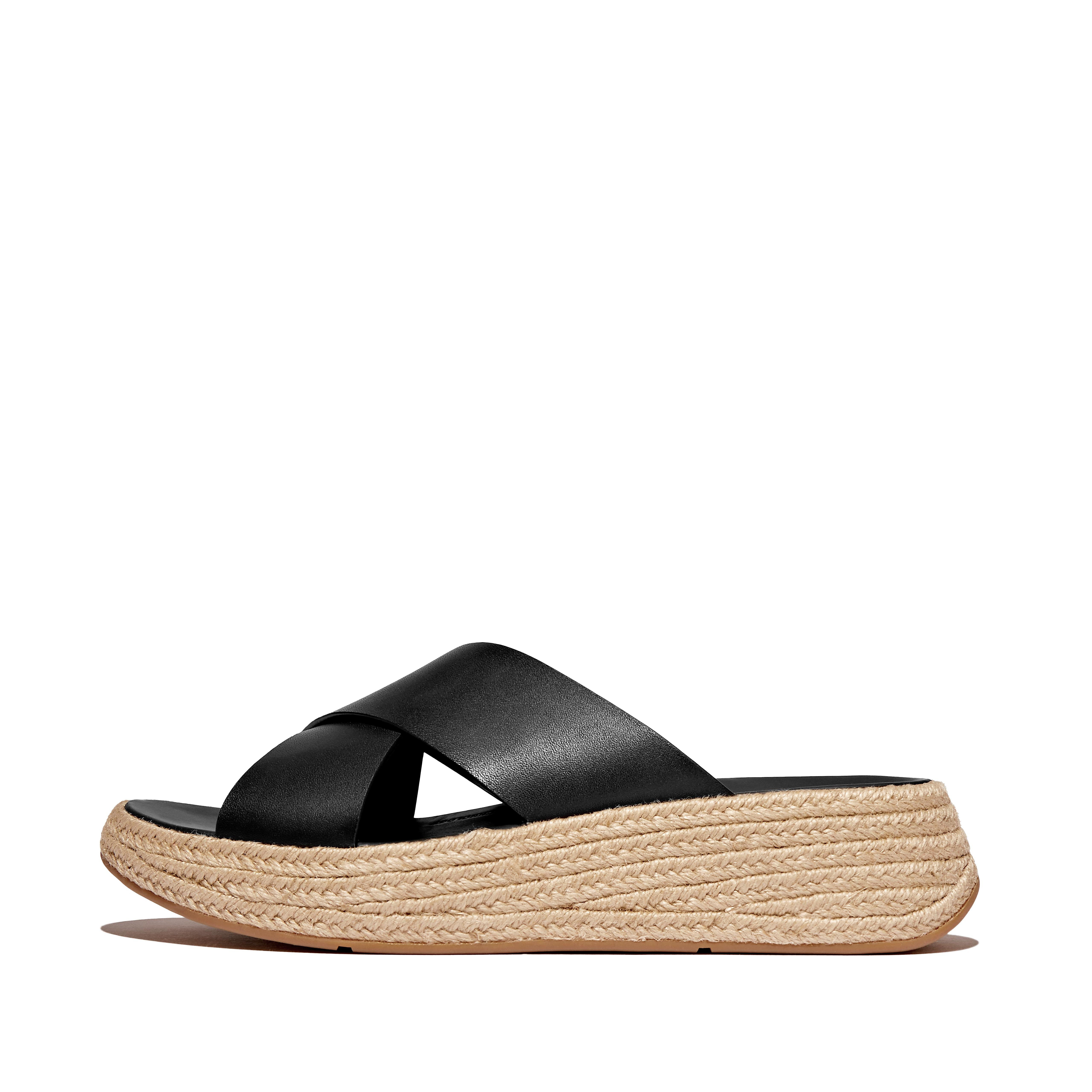 FitFlop F-MODE Espadrille Leather Flatform Cross Slides, Outlet, Black, Size: US 7 | FitFlop (US)