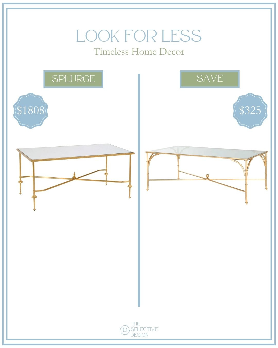 Timeless home decor look for less. These designer dupes are so good! Can you spot the dupe? Shop high and low price point. Home Decor Designer look for less, splurge or save, timeless home decor, classic home decor, traditional home decor, affordable home decor, affordable gold coffee table, chinoiserie decor, Grandmillennial home decor, southern traditional home decor, southern home decor, classic contemporary decor, gold bamboo coffee table, gold and glass coffee table  

 #LTKHome #LTKSaleAlert #LTKStyleTip