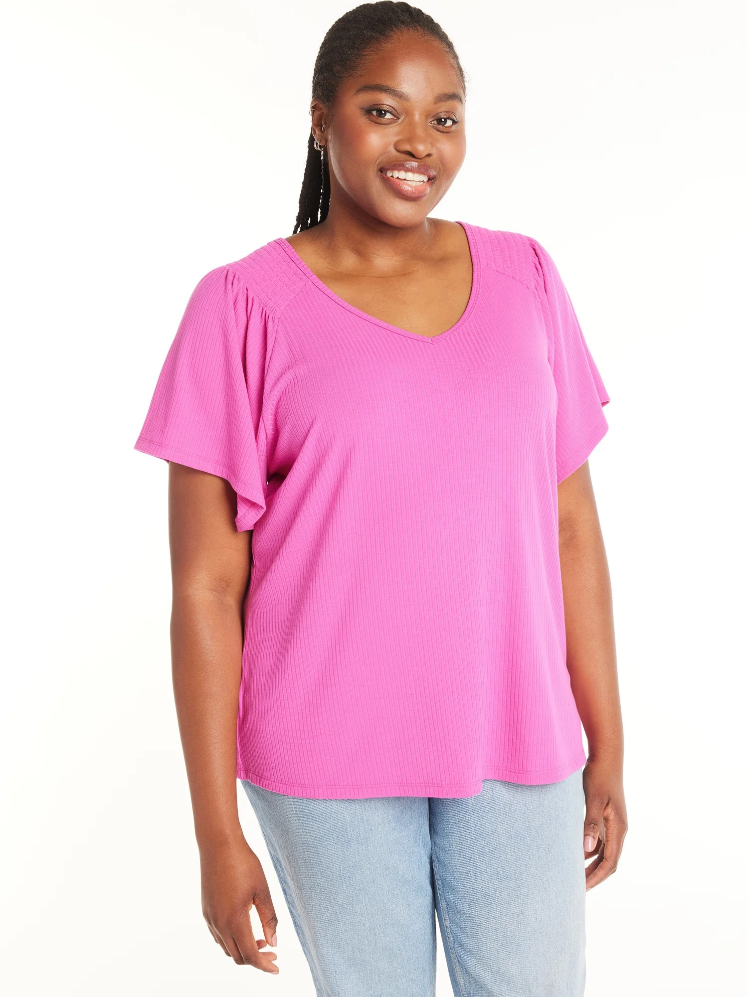 Terra & Sky Women's Plus Size Ribbed Flutter Sleeve Top, Sizes 0X-5X | Walmart (US)