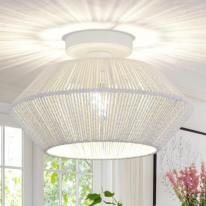Imitation Woven Rattan Ceiling Light Fixture, White Boho Farmhouse Hand-Woven Cage Semi Flush Mou... | Amazon (US)