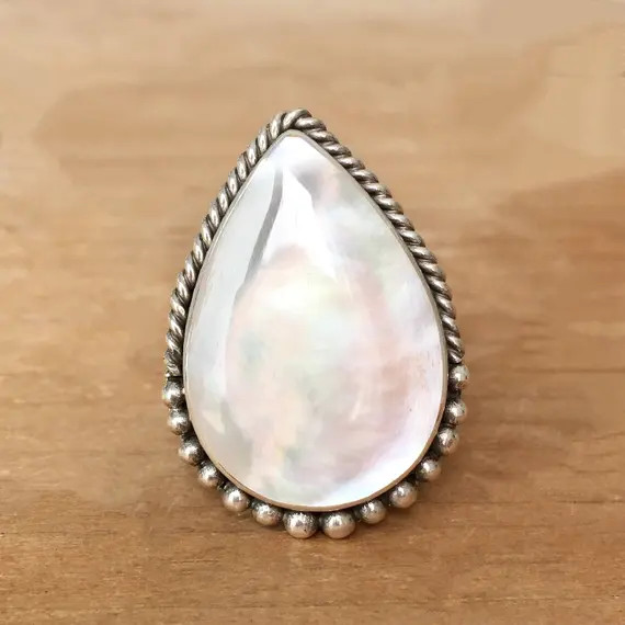 Mother of Pearl Mermaid Ring, Mother of Pearl Ring, Large Teardrop Ring, Sterling Silver Ring, Adjus | Etsy (US)