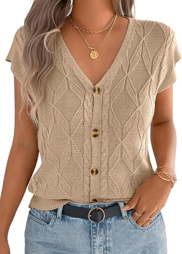 Women Sweaters Vest V Neck Short Sleeve Button Down Tank Cable Knit Cap Sleeve Summer Cardigan Sw... | Amazon (US)