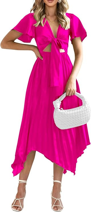 PRETTYGARDEN Women's 2023 Satin Summer Dress Short Sleeve V Neck Tie Front Cutout Pleated A Line ... | Amazon (US)