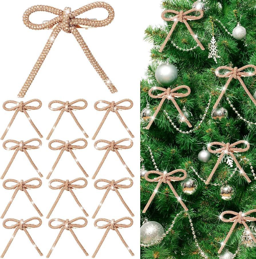 12 Pcs 3.2''x2.8'' Gold Glitter Christmas Bows Ornaments with Clip Metal Shiny Christmas Tree Dec... | Amazon (US)
