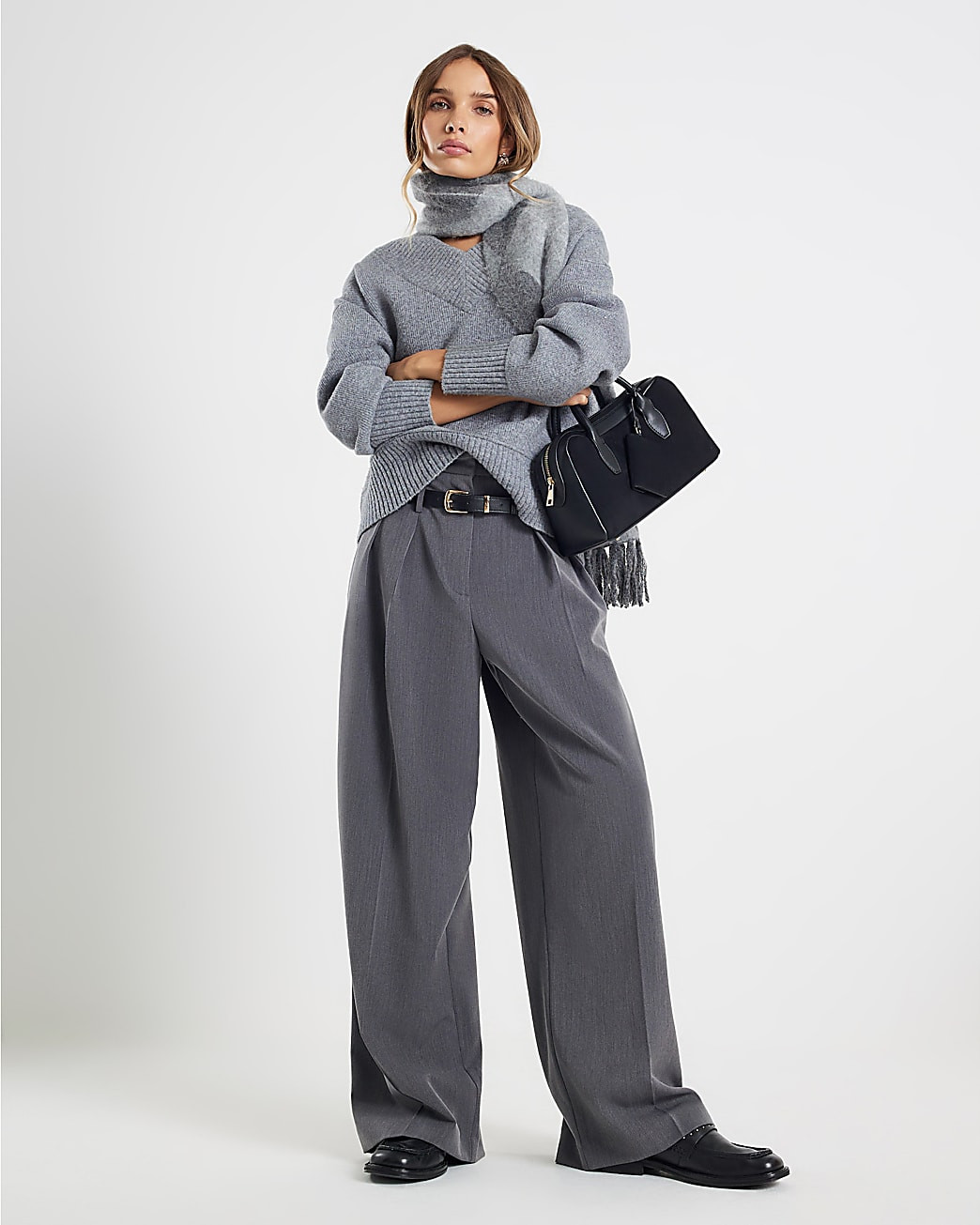 Grey Drop Belt Wide Leg Trousers | River Island UK & IE