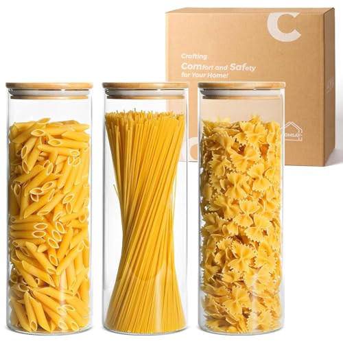 ComSaf Glass Spaghetti Pasta Storage Container with Lids 2 Qt Set of 3, Tall Clear Airtight Food Storage Jar with Wood Cover Kitchen Pantry Storage Container for Noodles Flour Cereal Coffee Beans | Amazon (US)