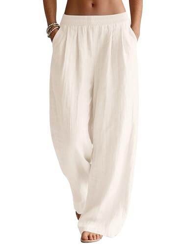 LOMON Womens Linen Pants Wide Leg Palazzo Summer Flowy Pants Beach Vacation Clothes Boho Casual Trousers Outfits with Pockets (Apricot, XXL) | Amazon (US)
