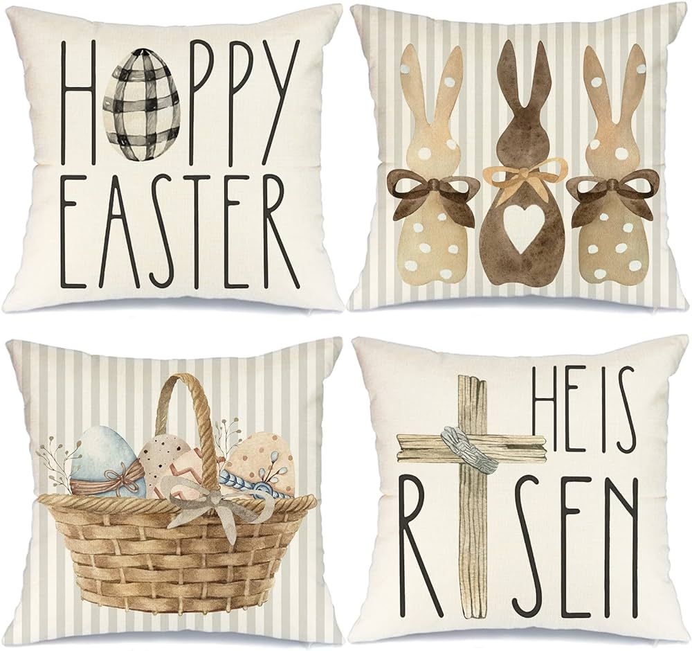GEEORY Happy Easter Throw Pillow Covers 18x18 Set of 4 Easter Decorations for Home Bunny He is Ri... | Amazon (US)