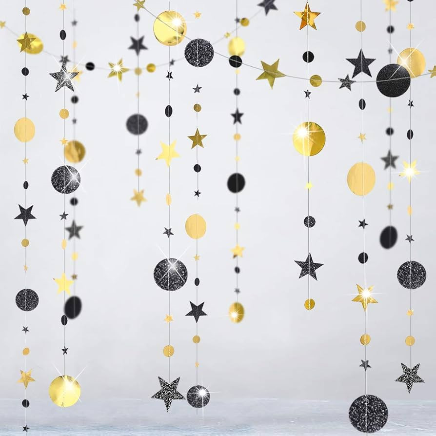 Cheerland Black Gold Party Decorations Moon Star Garland Hanging Stars Circle Streamer Banner Bac... | Amazon (US)