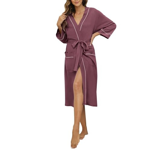HEARTNICE Womens Cotton Robe, Soft Kimono Spa Knit Long Bathrobe Lightweight Loungewear(BROWN PURPLE, S | Amazon (US)