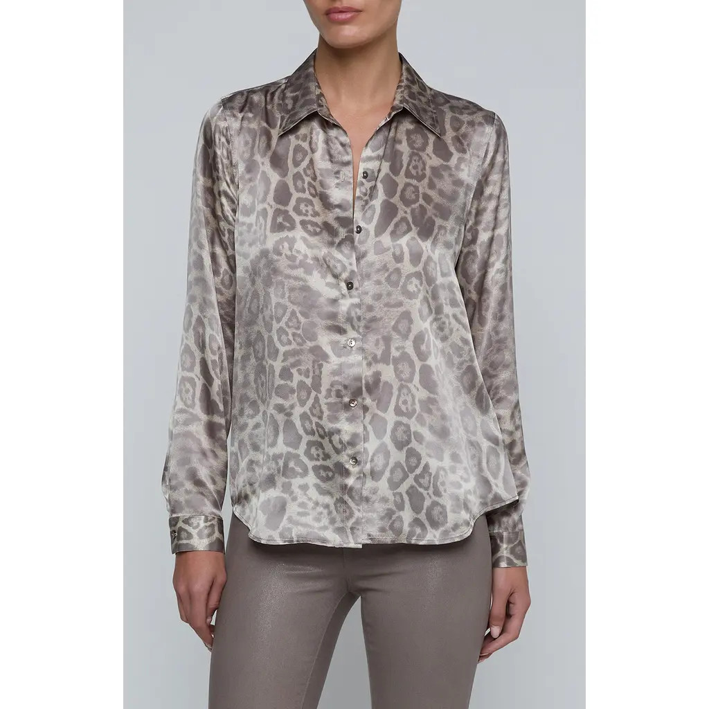 L'AGENCE Tyler Leopard Print Silk Button-Up Shirt in Grey Multi Patch Leopard at Nordstrom, Size Large | Nordstrom