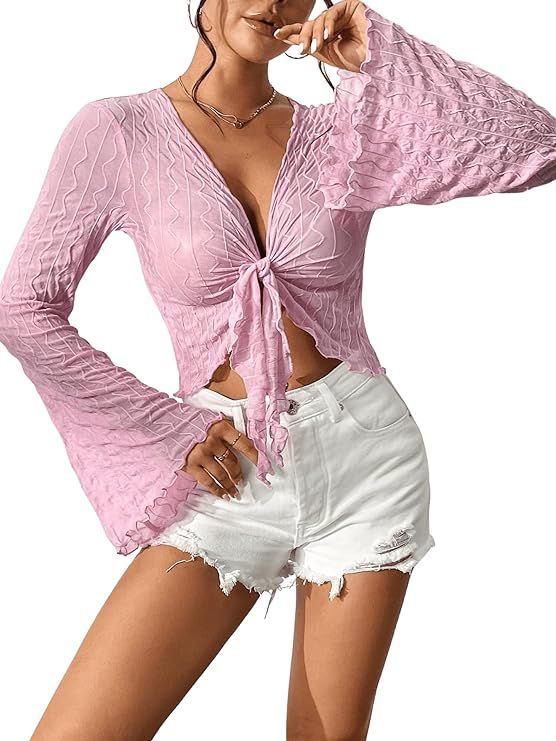 SweatyRocks Women's Long Flounce Sleeve Deep V Neck Crop Top Tie Knot Front Mesh Crop Shirt Blous... | Amazon (US)