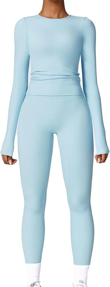 Two Pieces Women's Solid Backless Tracksuit Set Women Workout Seamless Long Sleeve Yoga Set Worko... | Amazon (US)