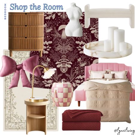 Shop the Room - Bedroom 

Home decor, home decorations, bedroom decor, bedroom decoration, bedroom design, bedroom inspo, bedroom inspiration, pink bedroom, red bedroom, burgundy bedroom, red and pink bedroom, pink and red bedroom, bedroom furniture, bedroom rug, bedroom light; bedroom lamp, bedroom wallpaper, bedroom bench; bedroom side table, pink bow throw pillow, wooden dresser, modern dresser, bedroom dresser, ivory area rug, cream area rug, wood nightstand, modern nightstand, gold table lamp, flower table lamp, pink candle, pink checkered candle, urban outfitted home, Anthropologie home, burgundy throw blanket, red throw blanket, maroon throw blanket, beige duvet set, pink bedframe, pink headboard, alabaster tray, bedroom tray, round tray, white tray, cream bedroom bench, ivory bedroom bench, white bedroom bench, white bust, white decorative object, white body object, maroon wallpaper, burgundy wallpaper,
Red wallpaper, mushroom wallpaper, Amazon home, Amazon blanket 

#LTKhome
