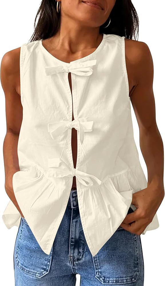 Cioatin Women Sleeveless Bow Tie Front Peplum Tank Tops Loose Fit Cut Out Cotton Babydoll Blouse ... | Amazon (US)