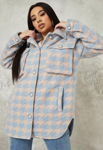 Missguided - Plus Size Blue Mock Pearl Button Houndstooth Brushed Shacket | Missguided (US & CA)