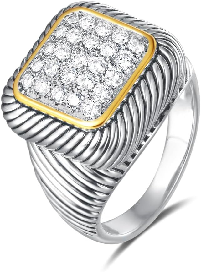 UNY Jewel Twisted Cable Ring Designer Inspired Fashion Brand David Square Pave CZ Women Two Tone Jewelry | Amazon (US)
