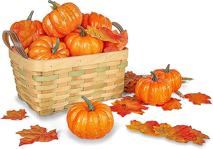 DomeStar 42 PCS Artificial Pumpkins Sets, 12PCS Mini Fake Pumpkins with 30PCS Lifelike Maple Leav... | Amazon (US)