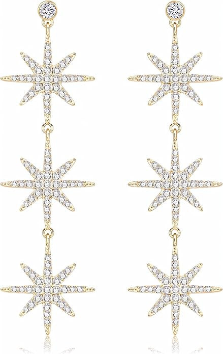 Blingsoul 3 Star Snowflake Earring - Silver Star Hexagonal Snowflakes Dangling Gold Bride Earring... | Amazon (US)