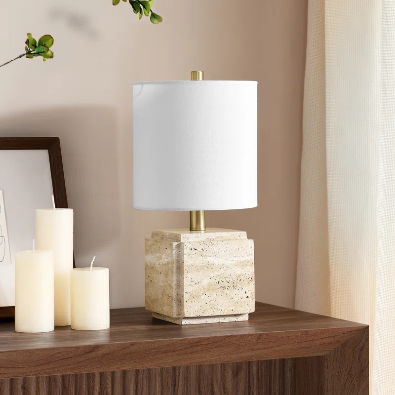 Kovac 16" Tall Stone Table Lamp with Fabric Shade Veined Travertine | Wayfair North America