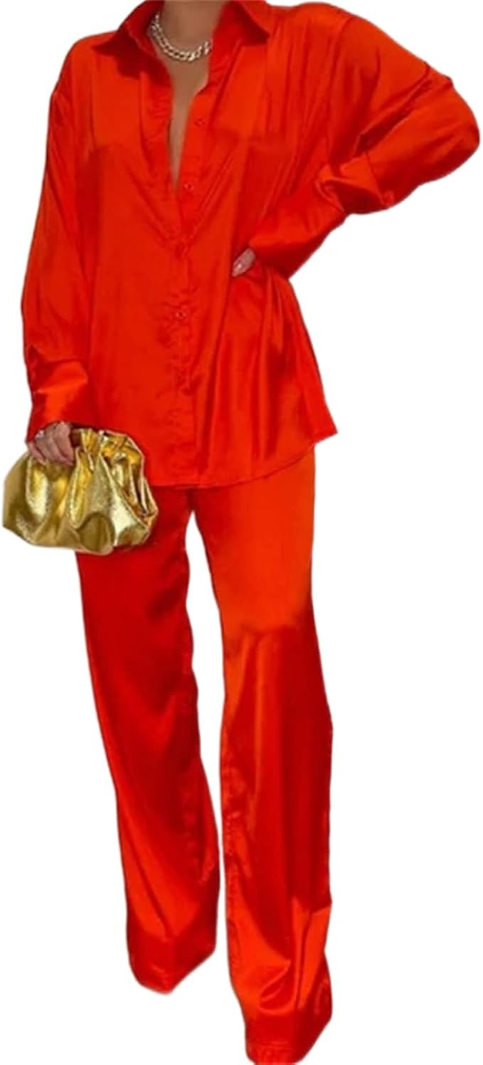 Women's 2 Piece Pants Sets Casual Long Sleeve Button Down Shirts and High Waist Trousers Suits Sa... | Amazon (US)