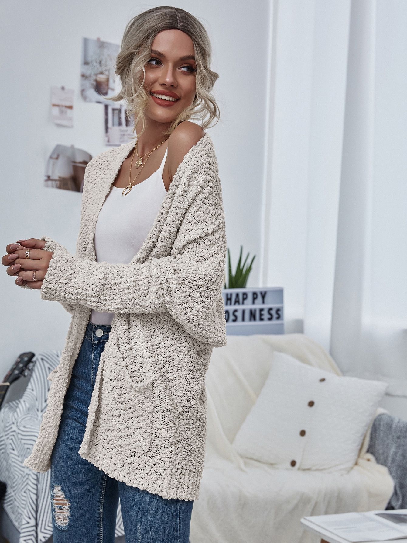 Open Front Popcorn Knit Cardigan | SHEIN