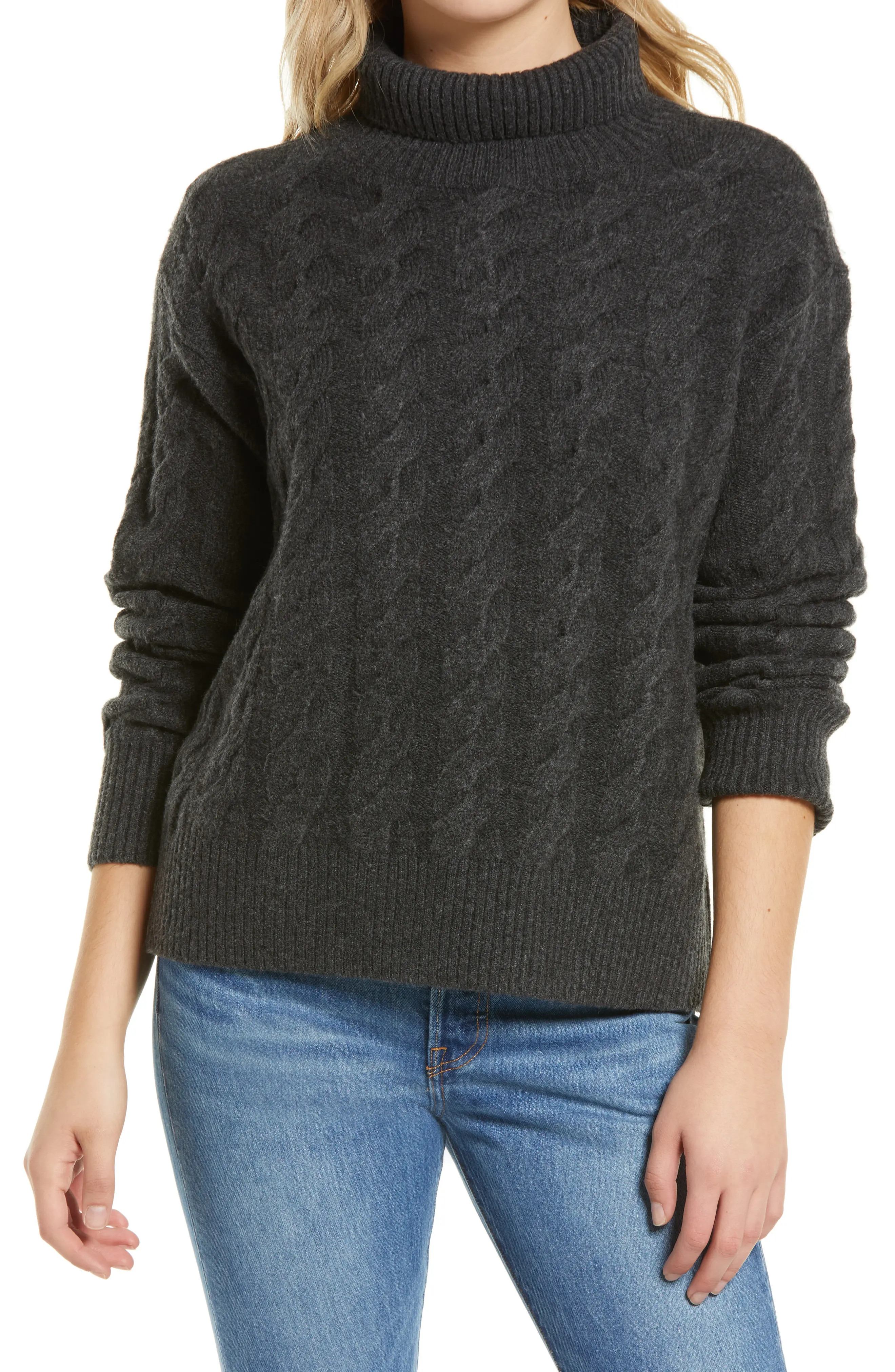 Nordstrom Cable Turtleneck Sweater in Grey Dark Charcoal Heather at Nordstrom, Size Xx-Large | Nordstrom